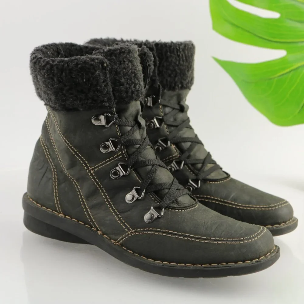Clarks Womens Nikki Imperial Boot Size 8.5 Black Leather Lace Up Faux Fur Bootie